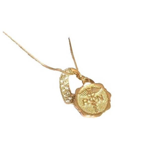 Nursing RN Caduceus Necklace Crystal Heart Nurse Graduation Gift Gold Plated - Picture 1 of 8